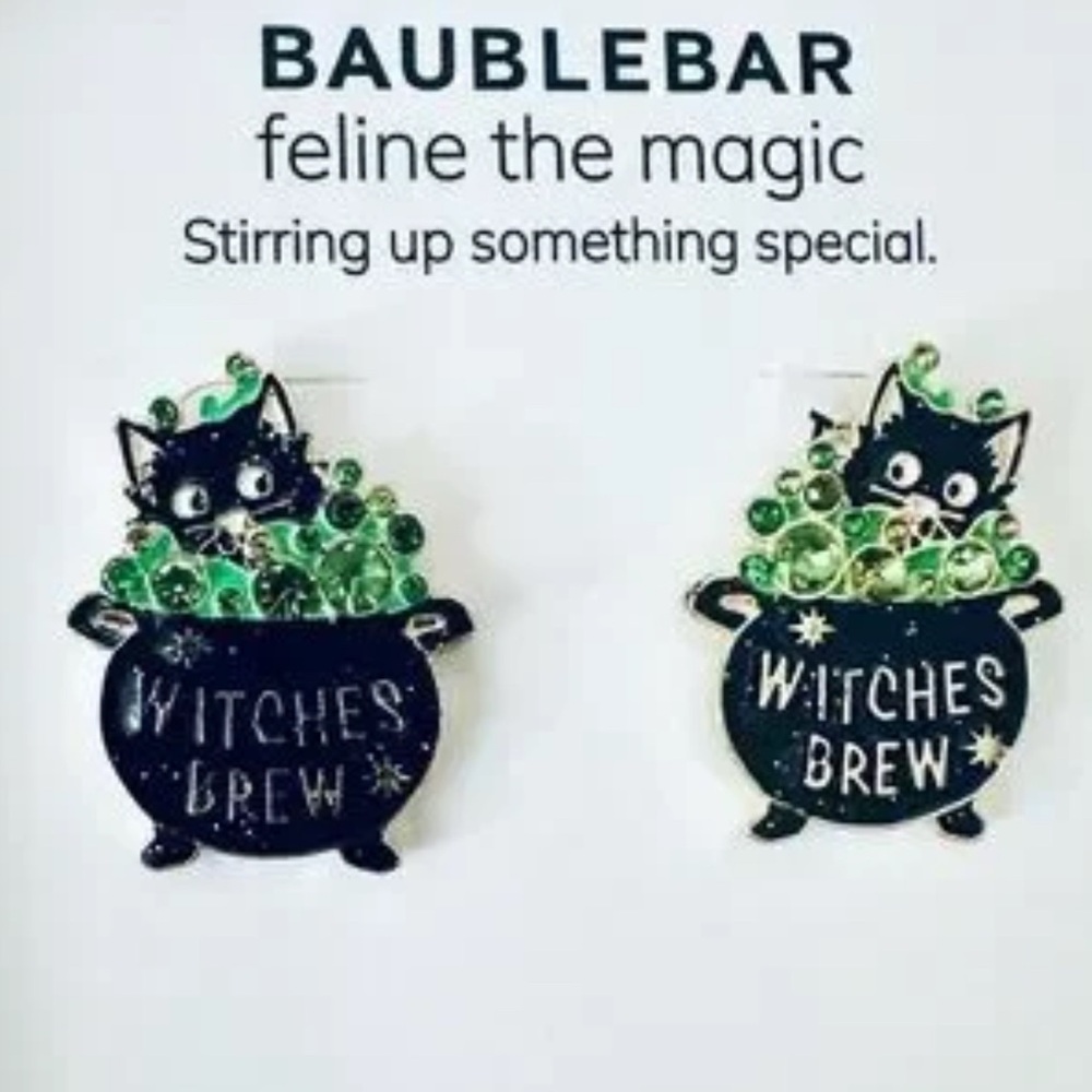 Baublebar Feline The Magic Black Cat inside Cauldron Halloween Stud Earrings